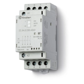   Finder 22.34.0.230.4640 Installációs mágneskapcsoló, kontaktor, 25A (AC-7a), 2NO + 2NC, 230V AC/DC, On-Auto-Off kapcsoló+mechanikus állapotjelzés+LED