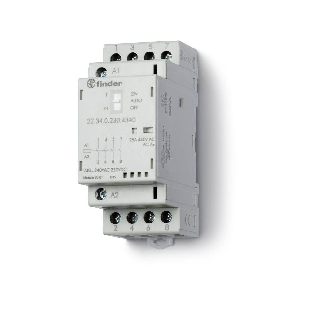 Finder installációs mágneskapcsoló, kontaktor, 25A (AC-7a), 4NO, 230V AC/DC, On-Auto-Off kapcsoló + mechanikus állapotjelzés + LED 22.34.0.230.4340