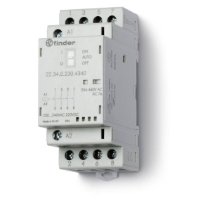   Finder 22.34.0.230.4340 installációs mágneskapcsoló, kontaktor, 25A (AC-7a), 4NO, 230V AC/DC, On-Auto-Off kapcsoló + mechanikus állapotjelzés + LED