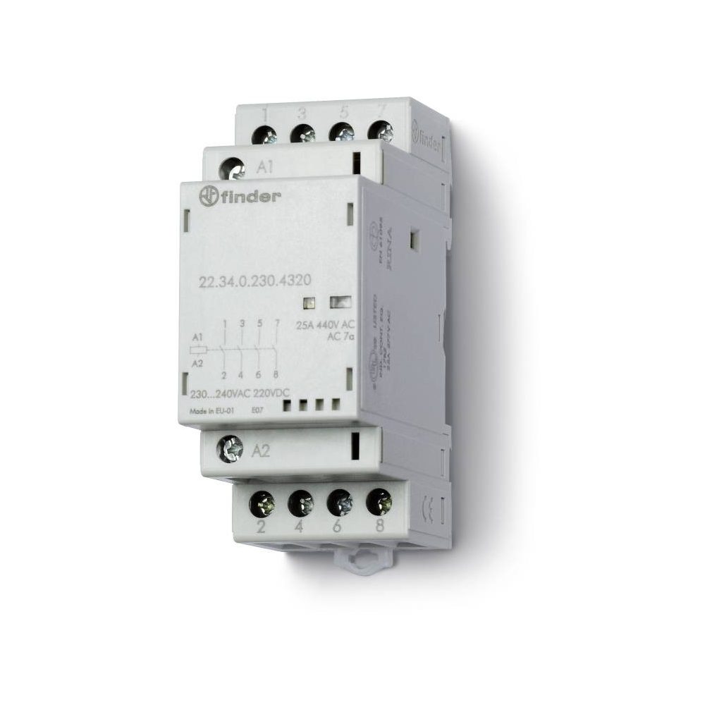 Finder installációs mágneskapcsoló, kontaktor, 25A (AC-7a), 4NO, 230V AC/DC, mechanikus állapotjelzés + LED 22.34.0.230.4320