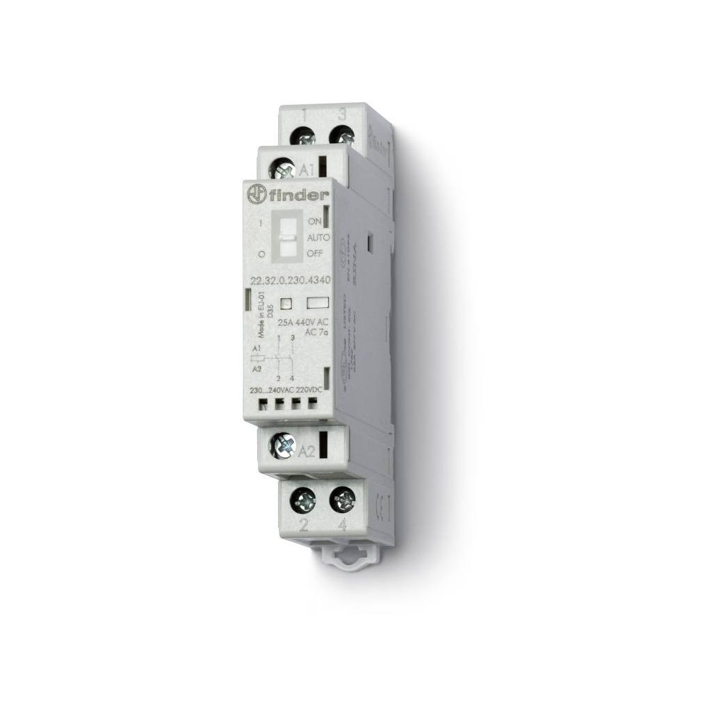 Finder installációs mágneskapcsoló, kontaktor, 25A (AC-7a), 2NO, 230V AC/DC, On-Auto-Off kapcsoló + mechanikus állapotjelzés + LED 22.32.0.230.4340
