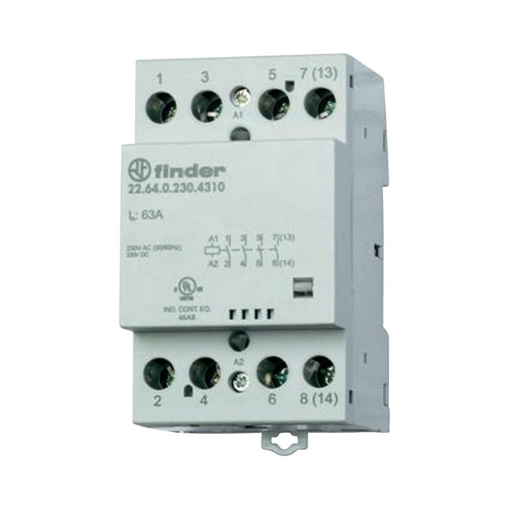 Finder installációs mágneskapcsoló, kontaktor, 63A , 4záró é.,230V AC/DC mechanikus állapotjelzés 22.64.0.230.4310