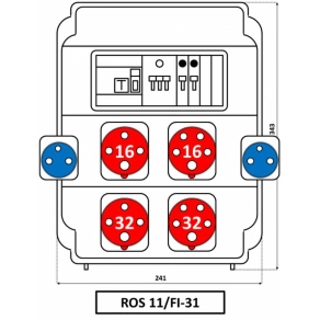   Ipari kombináció 2 db háztartási dugalj + 2 db 16A 5P + 2 db 32A 5P védelemmel (kismegszakítókkal + Fi-relével szerelve) ROS 11/FI-31/S (202025) SEZ