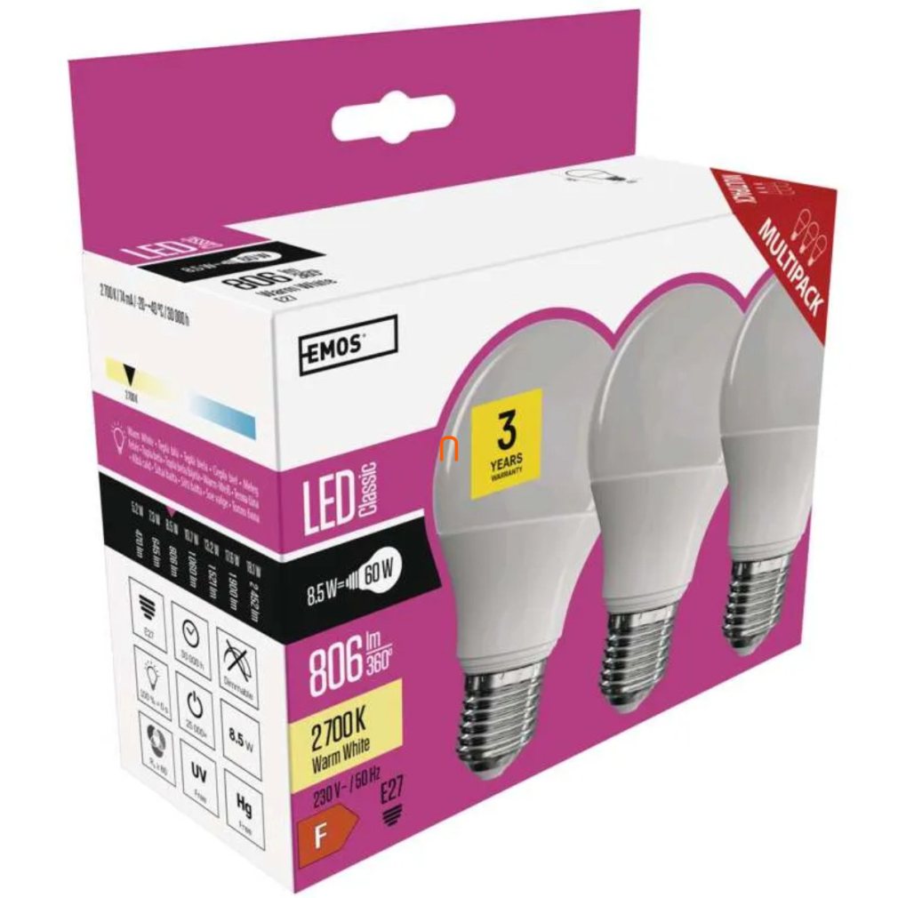 LED E27 Classic A60 8,5 W (60 W) 806 lm meleg fehér, 3 darab