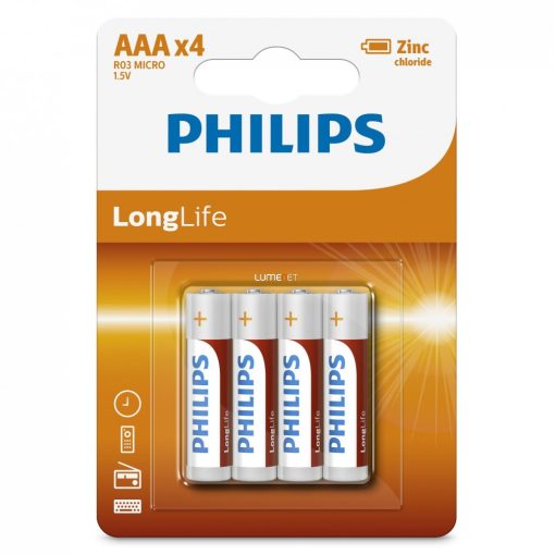Philips LongLife R03L4B/10 AAA mikro cink-klorid elem LR03 4db/csomag