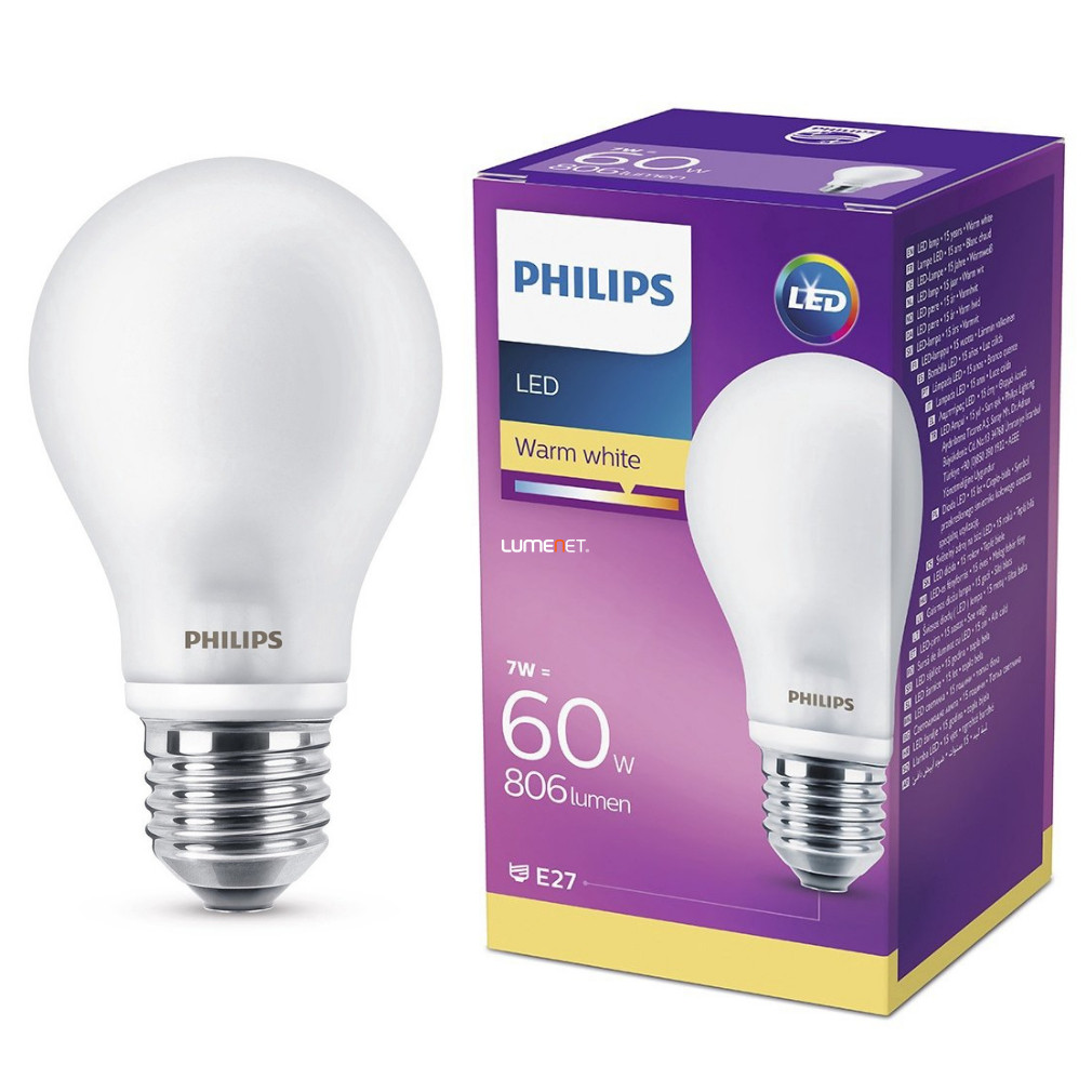 Philips E27 LED opál 7W 806lm 2700K meleg fehér 300° - 60W izzó helyett
