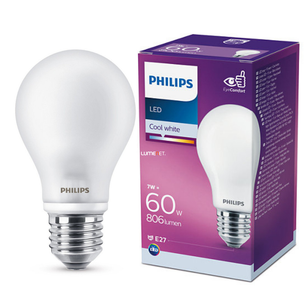 Philips E27 LED 7W 806lm 4000K hideg fehér 300°  - 60W izzó helyett