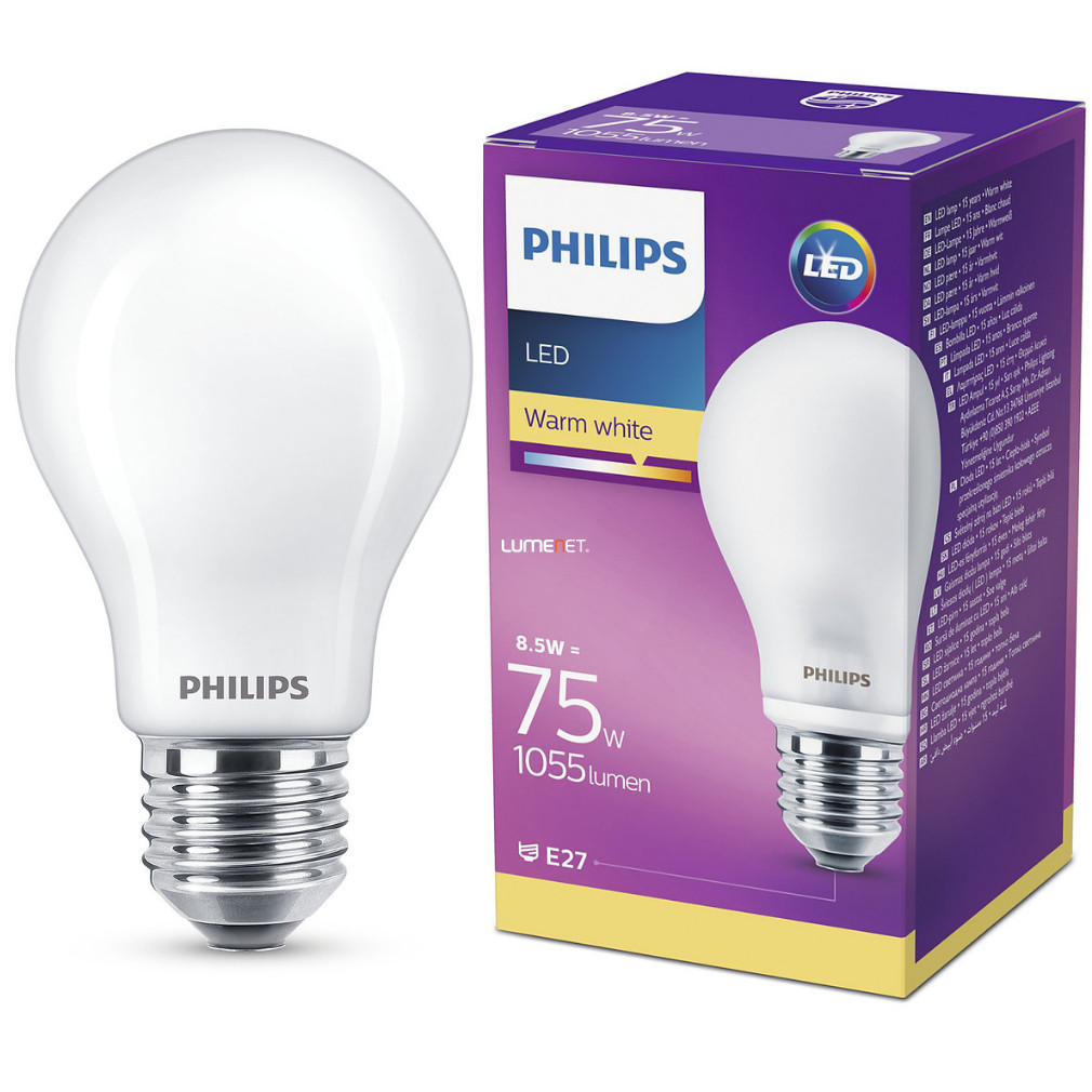 Philips E27 LED opál 8,5W 1055lm 2700K meleg fehér 300° - 75W izzó helyett