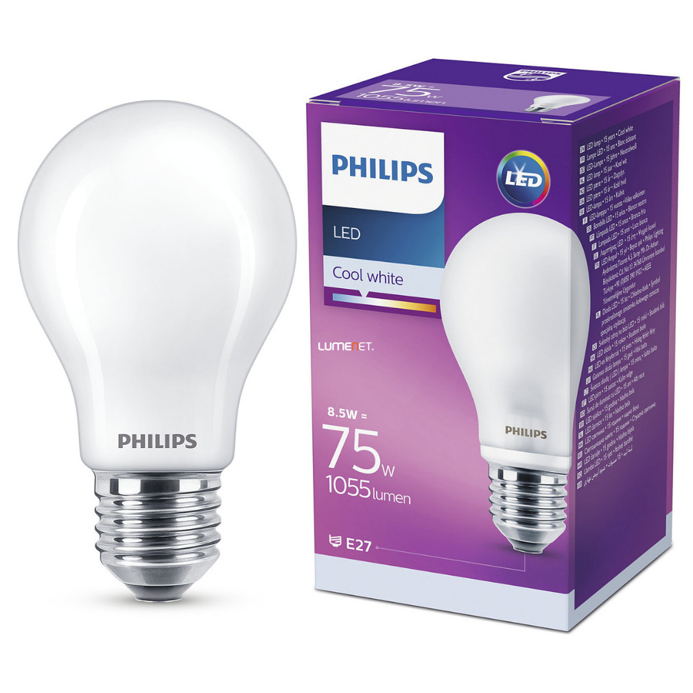 Philips E27 LED opál 8,5W 1055lm 4000K hideg fehér 300°- 75W izzó helyett