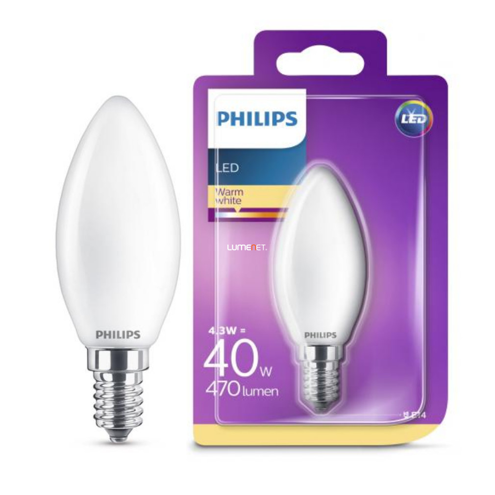 Philips LED Classic B35 4,3W E14 WW 2700K FR (40W Izzó Kiváltására ...