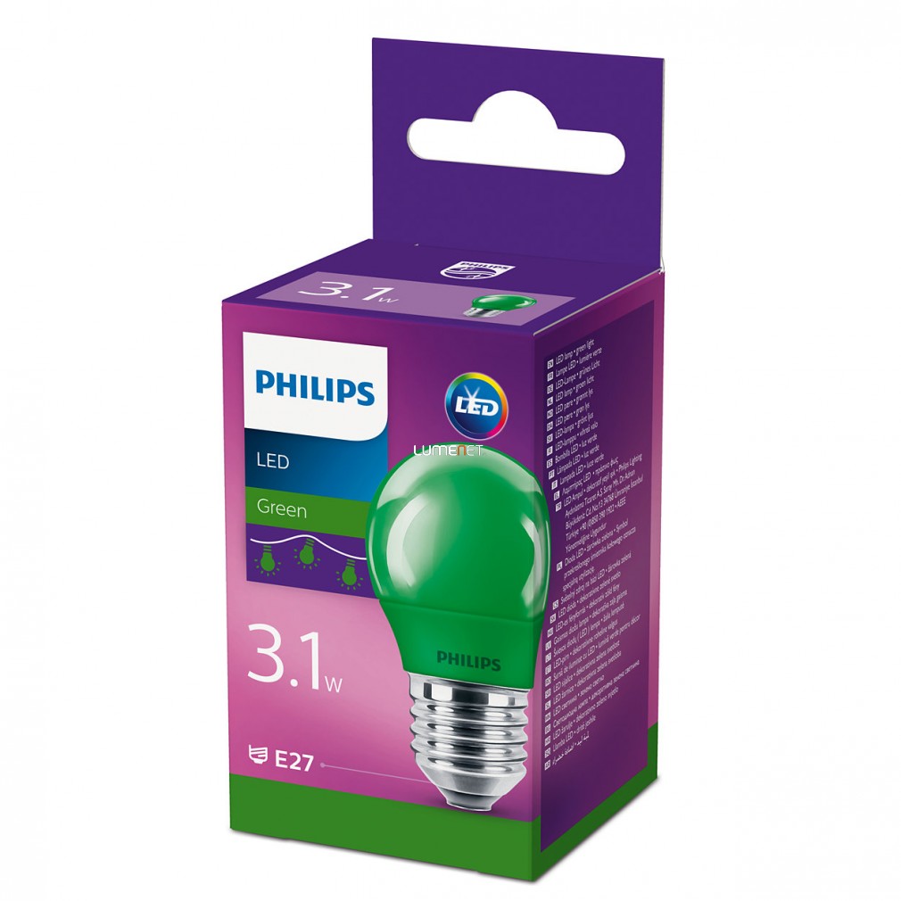 Philips E27 LED 3,1W P45 Colored Green - 25W izzó helyett