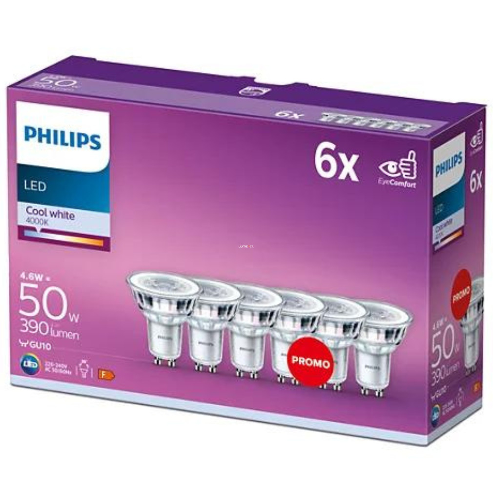 Philips GU10 LED Classic 4,6W 390lm, hidegfehér-50 W izzó helyett, 6 darabos