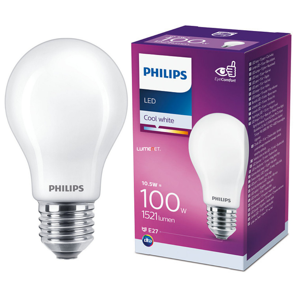 Philips E27 LED opál 10,5W 1521lm 4000K hideg fehér 300° - 100W izzó helyett