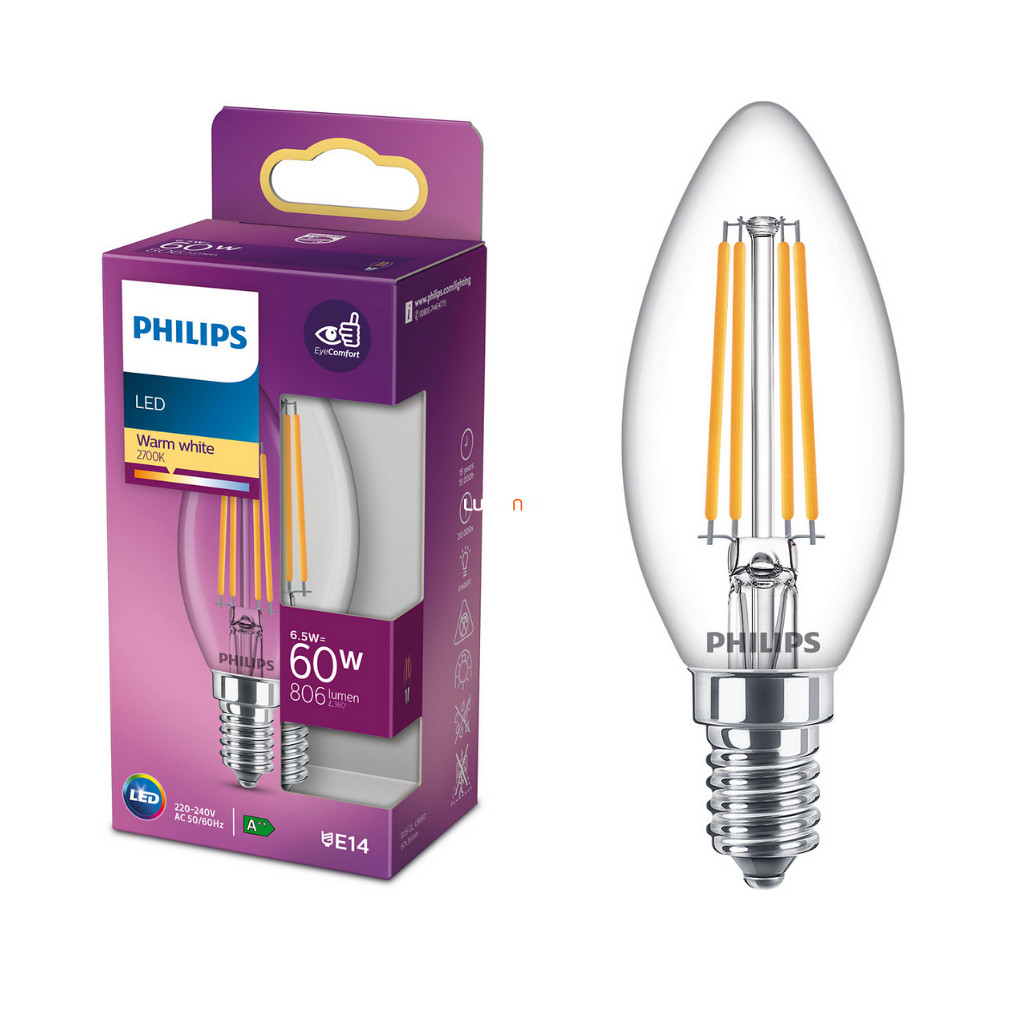Philips E14 LED 6,5W 806lm 2700K meleg fehér gyertya - 60W izzó helyett