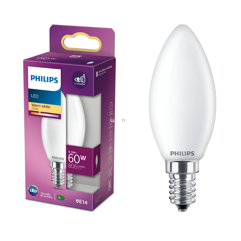 Philips E14 LED 6,5W 806lm 2700K meleg fehér opál gyertya - 60W izzó helyett