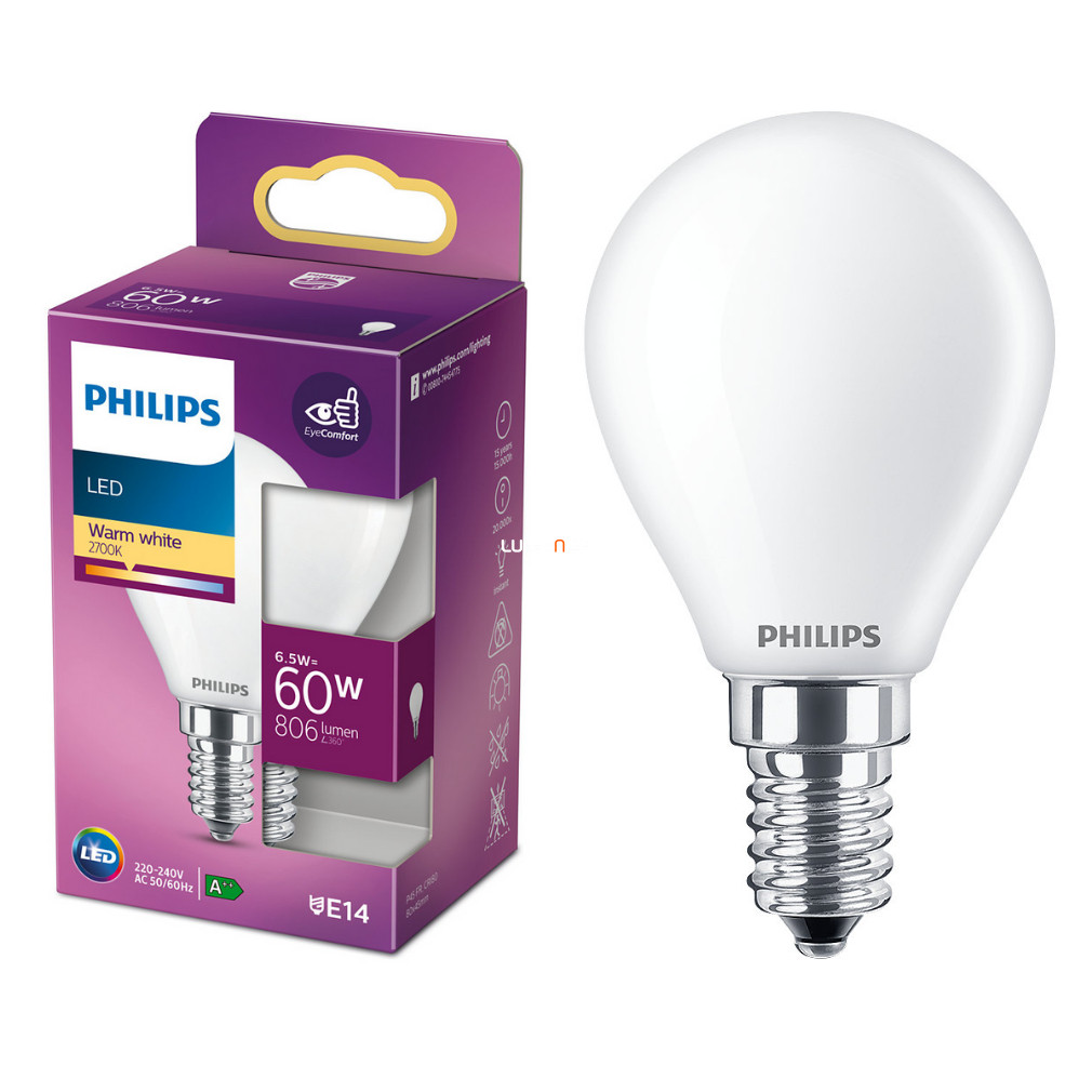 Philips E14 LED 6,5W 806lm 2700K meleg fehér opál kisgömb - 60W izzó helyett