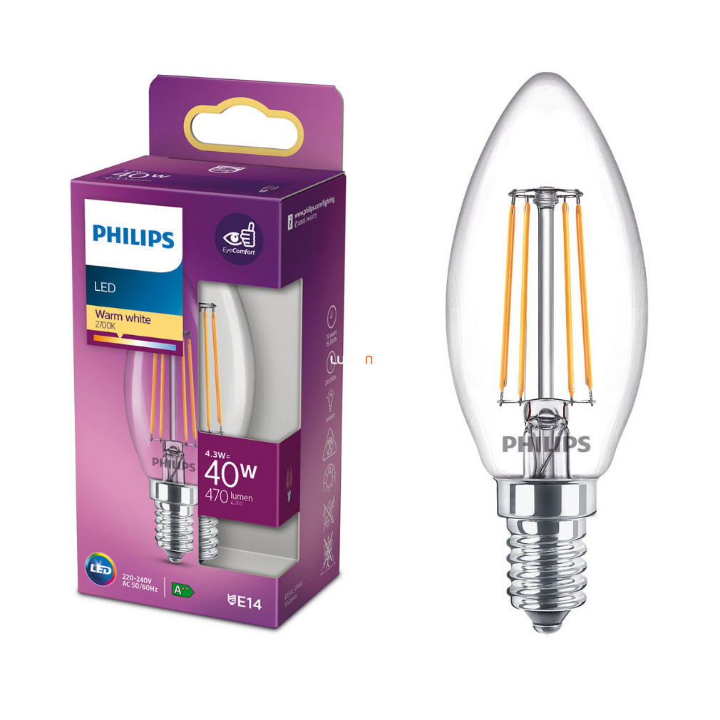 Philips E14 LED 4,3W 470lm 2700K meleg fehér gyertya - 40W izzó helyett