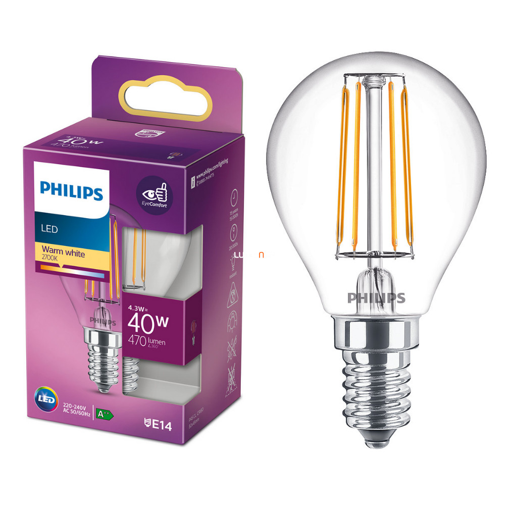 Philips E14 LED 4,3W 470lm 2700K melegfehér kisgömb - 40W izzó helyett