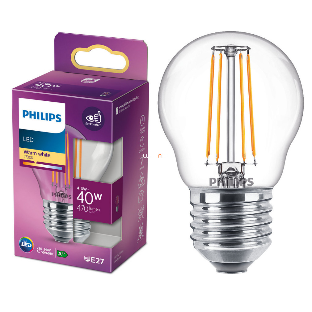Philips E27 LED 4,3W 470lm 2700K melegfehér kisgömb - 40W izzó helyett