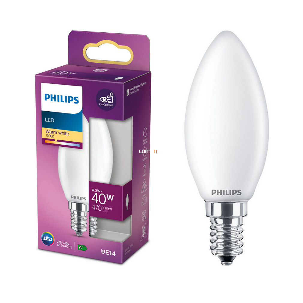 Philips E14 LED 4,3W 470lm 2700K meleg fehér opál gyertya - 40W izzó helyett