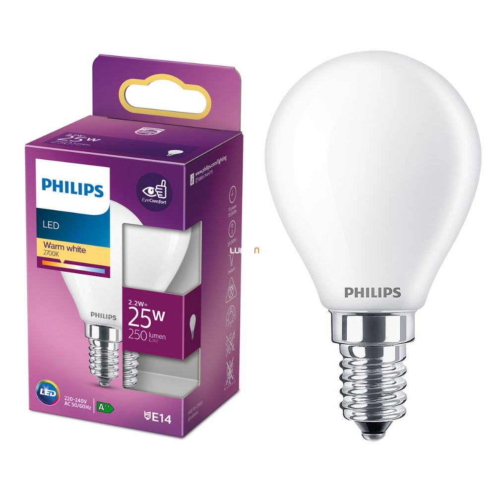 Philips E14 LED 2,2W 250lm 2700K meleg fehér opál kisgömb - 25W izzó helyett