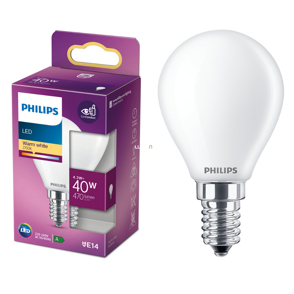 Philips E14 LED 4,3W 470lm 2700K melegfehér opál kisgömb - 40W izzó helyett