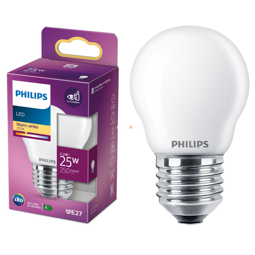 Philips E27 LED 2,2W 250lm 2700K melegfehér opál kisgömb - 25W izzó helyett
