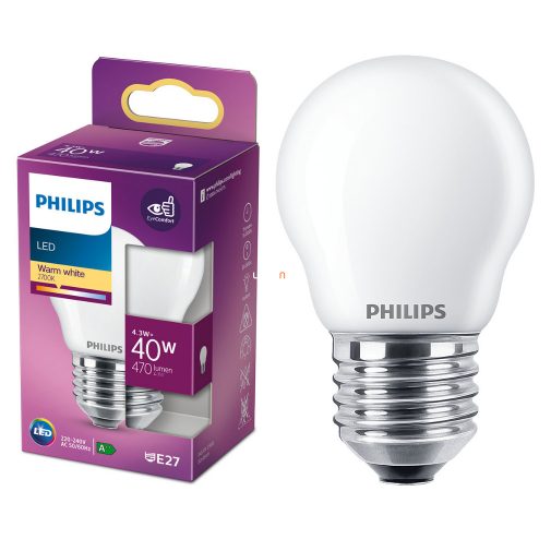 Philips E27 LED 4,3W 470lm 2700K meleg fehér opál kisgömb - 40W izzó helyett