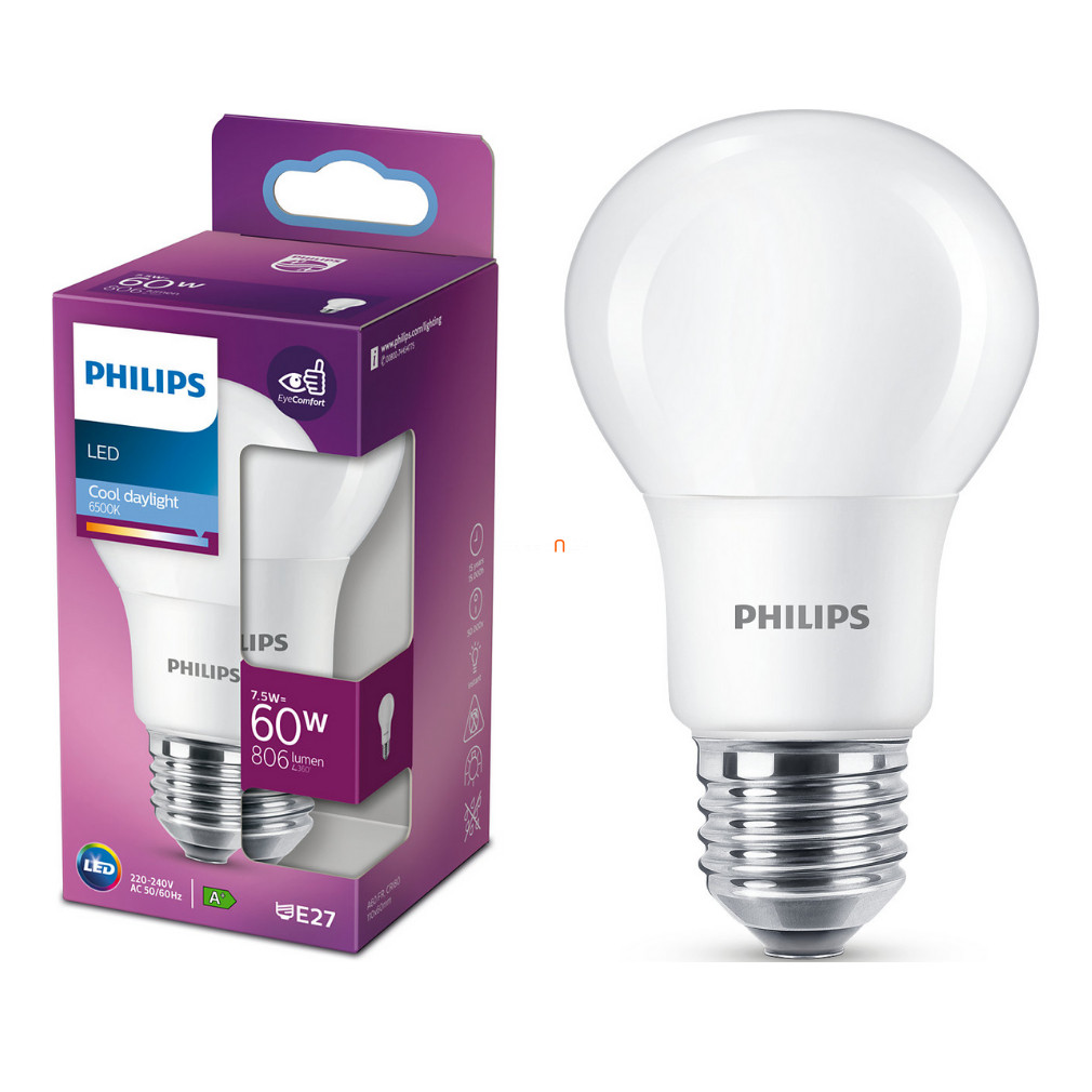 Philips E27 LED 7,5W 806lm 6500K daylight 200° - 60W izzó helyett