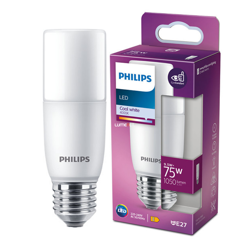 Philips Stick E27 LED T38 9,5W 1050lm 4000K hidegfehér 240° - 75W izzó helyett