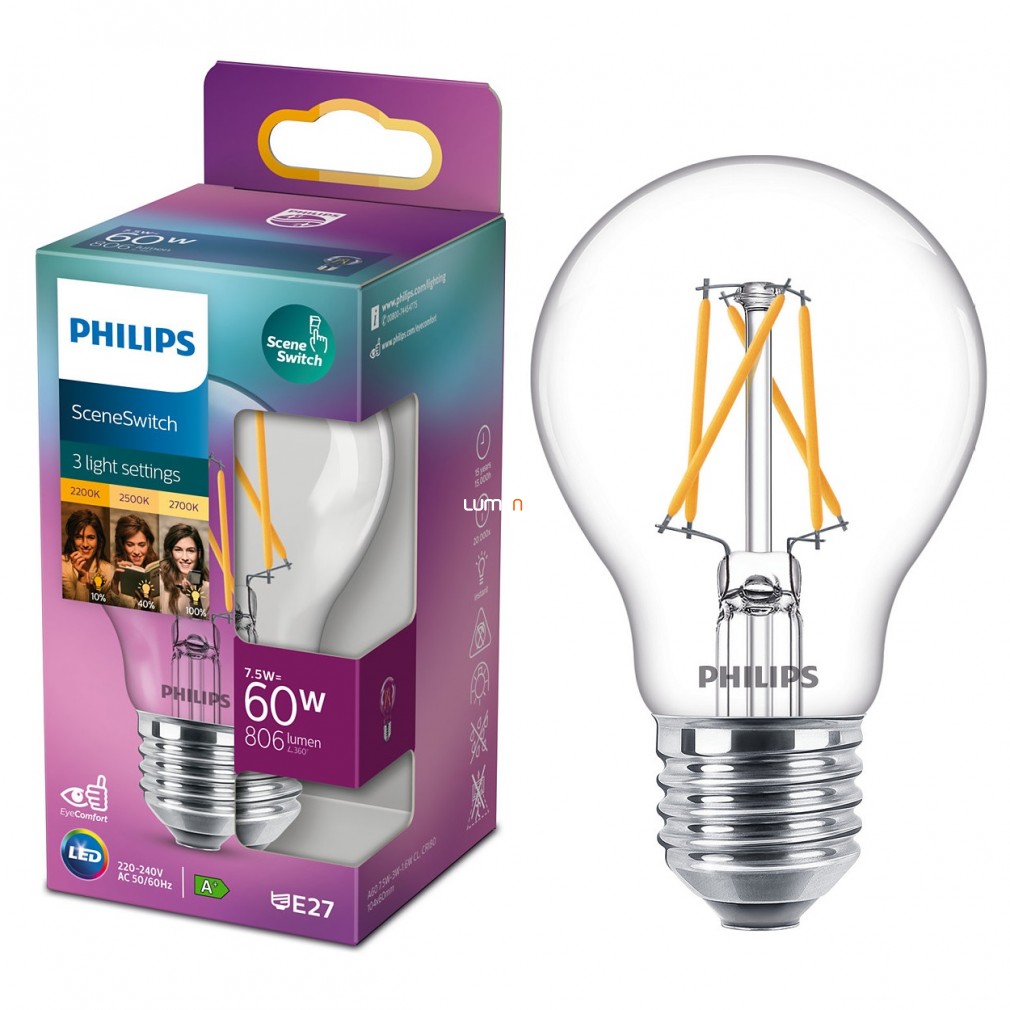 Philips kapcsolóval szabályozható, melegfehér E27 LED, 60 W izzó helyett
