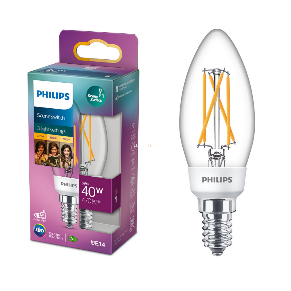 Philips SceneSwitch E14 LED 5W 470/180/90lm 2700/2500/2200K - 40W izzó helyett
