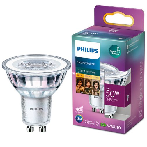 Philips kapcsolóval szabályozható, melegfehér GU10 LED, 50 W izzó helyett