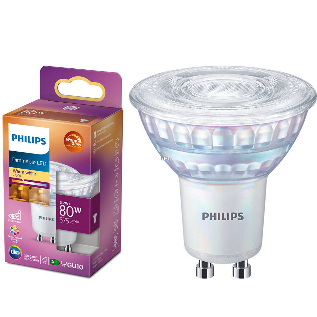 Philips szabályozható, melegfehér GU10 LED, 80 W izzó helyett
