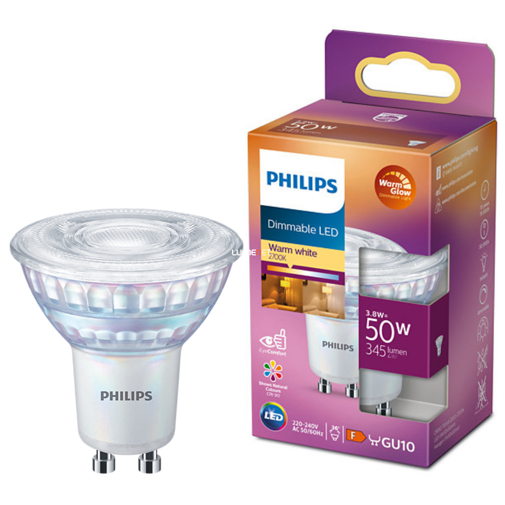 Philips GU10 LED 3,8W 345lm CRI90 2200-2700K WarmGlow DIM, 36°- 50W izzó helyett