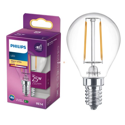 Philips E14 LED 2W 250lm 2700K melegfehér kisgömb - 25W izzó helyett