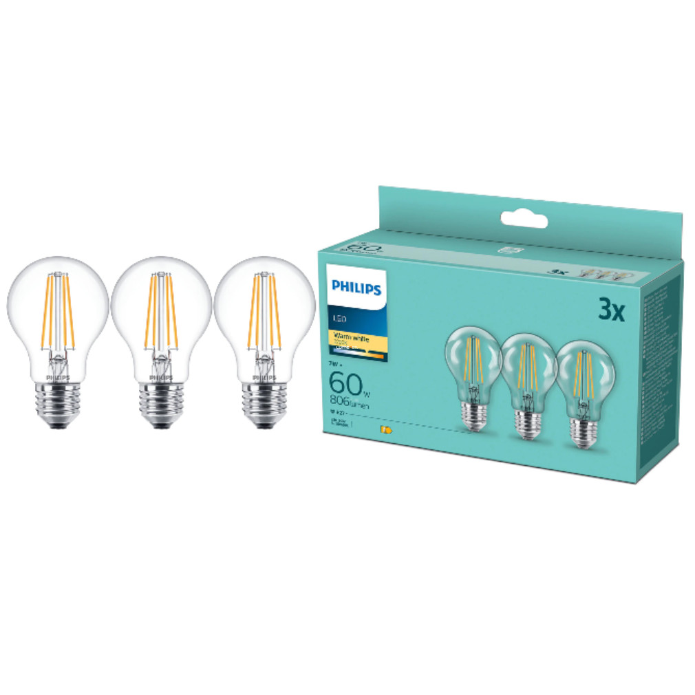 Philips E27 LED classic 7W 806lm, melegfehér-60 W izzó helyett, 3 darabos