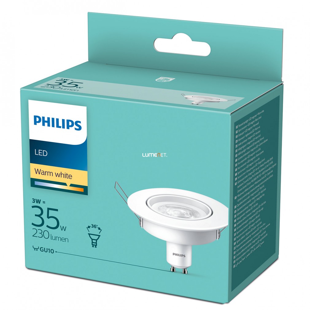 Philips GU10 LED 3W 230lm 2700K meleg fehér 36° - 35W izzó helyett + billenthető keret