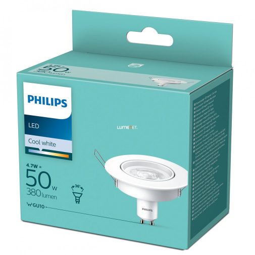 Philips GU10 LED 4,7W 380lm 4000K hideg fehér 36° - 50W izzó helyett + billenthető keret