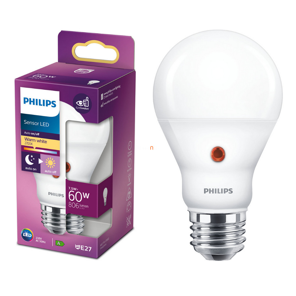 Philips E27 LED 7,5W 806lm 2700K melegfehér, auto on/off fényérzékelővel - 60W izzó helyett