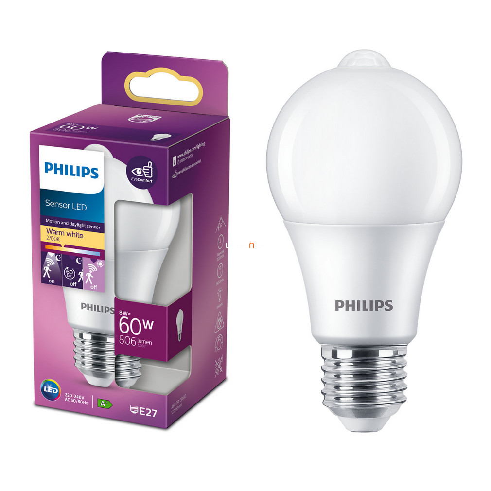 Philips E27 LED 8W 806lm 2700K melegfehér, fény és mozgásérzékelővel - 60W izzó helyett