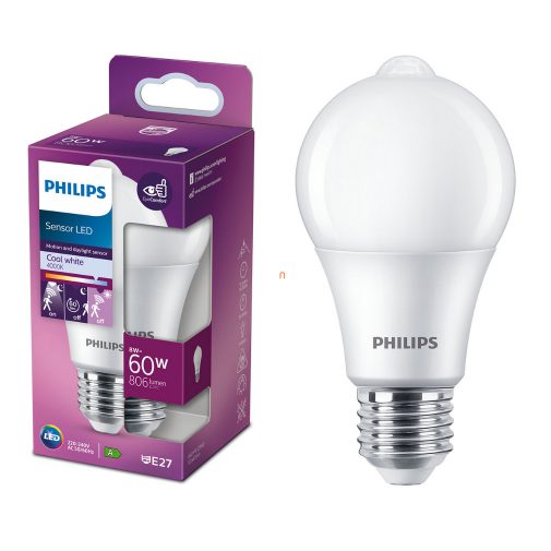 Philips E27 LED 8W 806lm 4000K hidegfehér, fény és mozgásérzékelővel - 60W izzó helyett