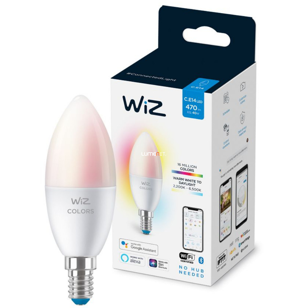 WiZ Wi-Fi C37 E14 LED 4,9W 470lm CRI90 RGB/2200-6500K szabályozható - 40W izzó helyett