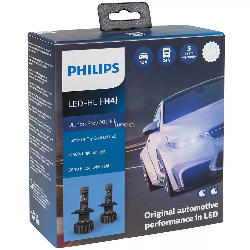 Bontott csomagolású Philips Ultinon Pro9000 HL H4 LED +250% Lumileds fényszóró lámpa 2db/csomag