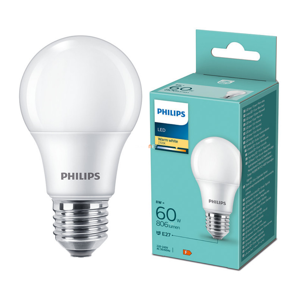 Philips E27 LED 8W 806lm 2700K melegfehér 180° - 60W izzó helyett