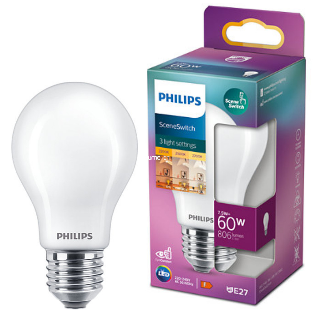 Philips E27 LED 7,5W 806/320/150lm 2200-2700K opál SceneSwitch normál kapcsolóval szabályozható