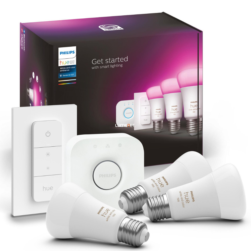 Philips Hue White and Color Ambiance 9W  E27 LED fényforrás 3db/csomag + Hue Bridge + DIM Switch