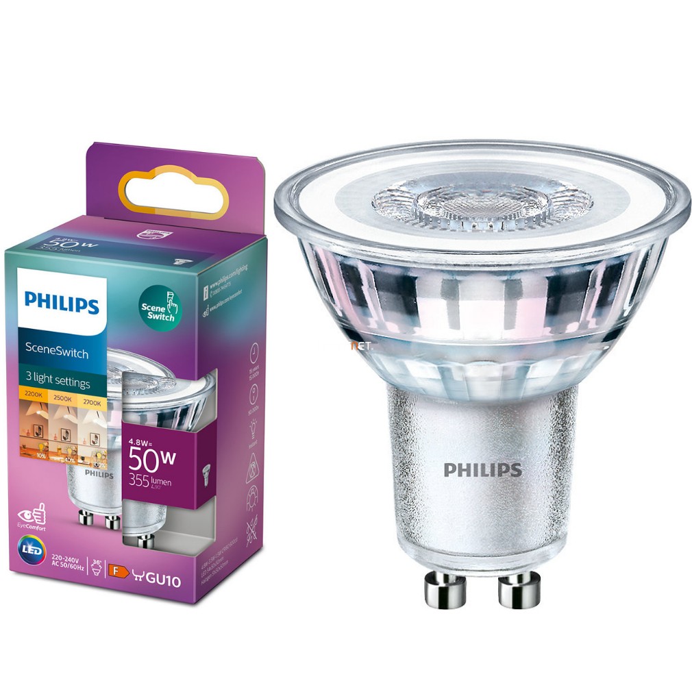 Philips GU10 LED 4,8W 355lm 2700-2200K SceneSwitch normál kapcsolóval szabályozható - 50W izzó helyett