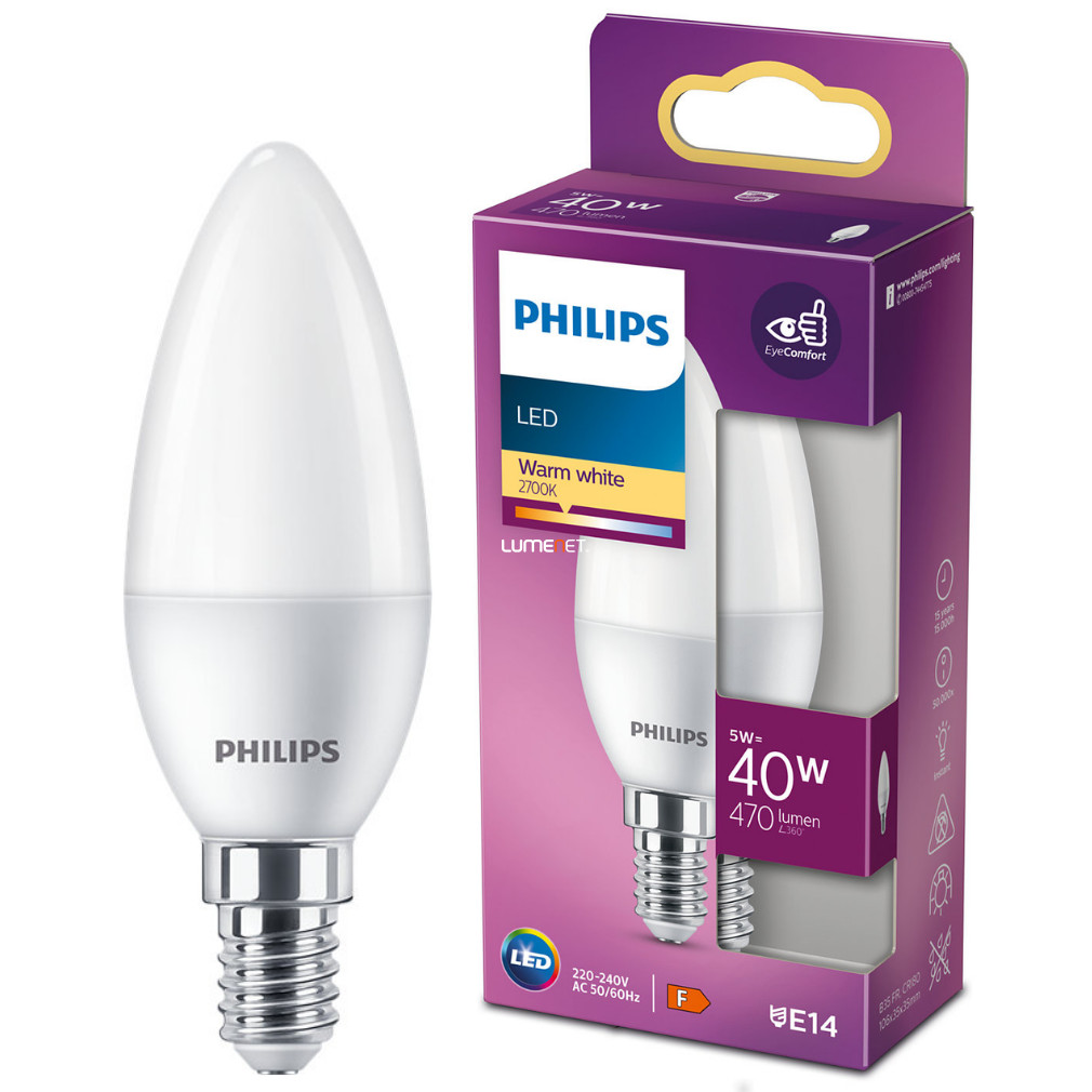 Philips E14 LED gyertya 5W 470lm 2700K melegfehér - 40W izzó helyett