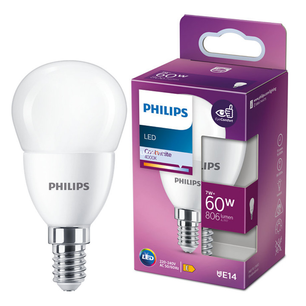 Philips E14 LED kisgömb 7W 806lm 4000K hideg fehér - 60W izzó helyett